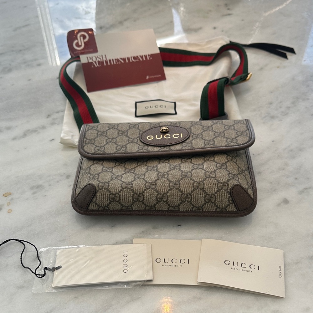 Gucci Beige Monogram Shoulder Bag with Green and Red Strap
